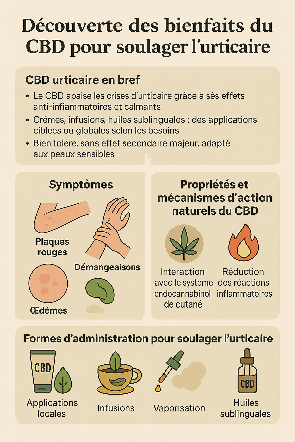 Infographie présentant les bienfaits du CBD pour calmer l’urticaire et réduire les inflammations cutanées