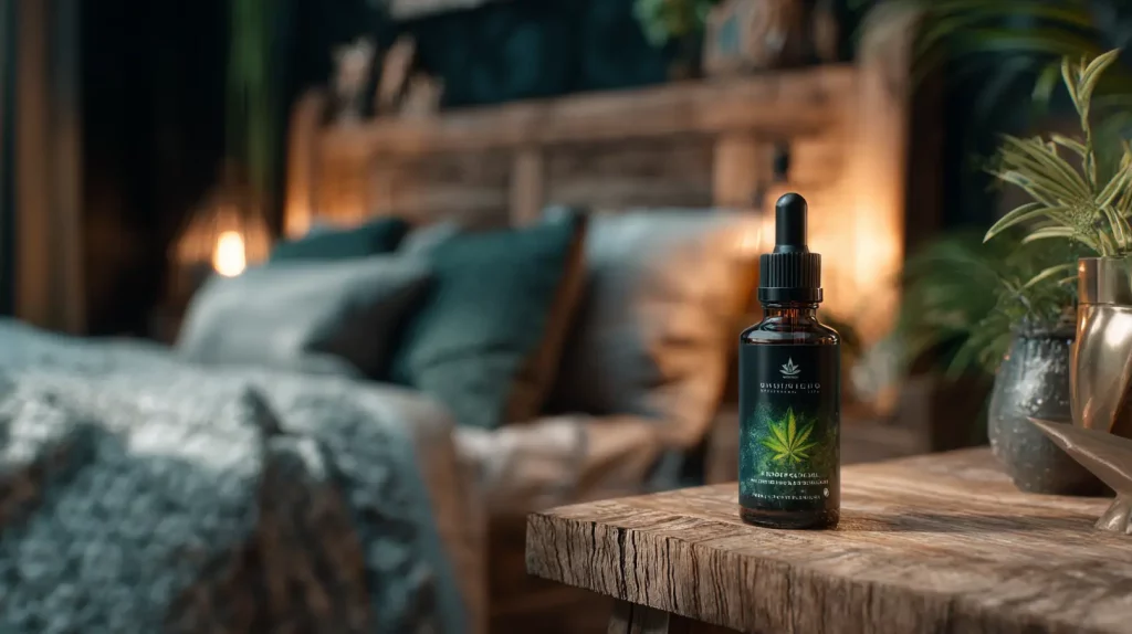 Bouteille d'huile de CBD sur table de chevet pour améliorer le sommeil