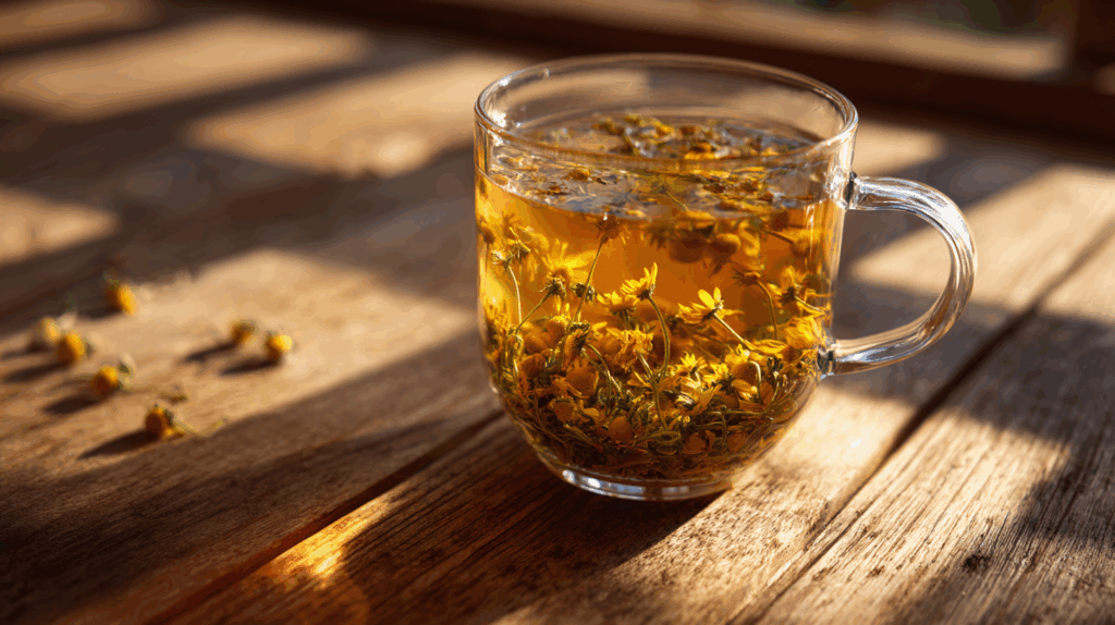 Infusion chaude au CBD posée sur une table en bois, ambiance relaxante du matin
