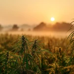 Champ de chanvre CBD au lever du soleil en France, en pleine campagne