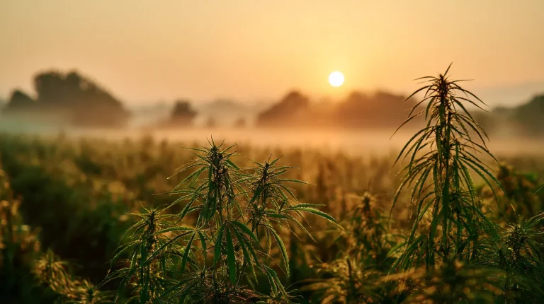 Champ de chanvre CBD au lever du soleil en France, en pleine campagne