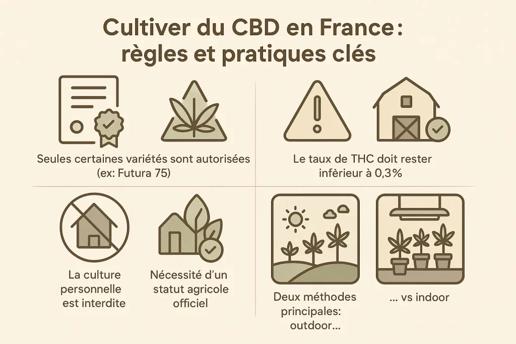 Infographie sur les règles à suivre pour cultiver légalement du CBD en France et choisir une méthode adaptée
