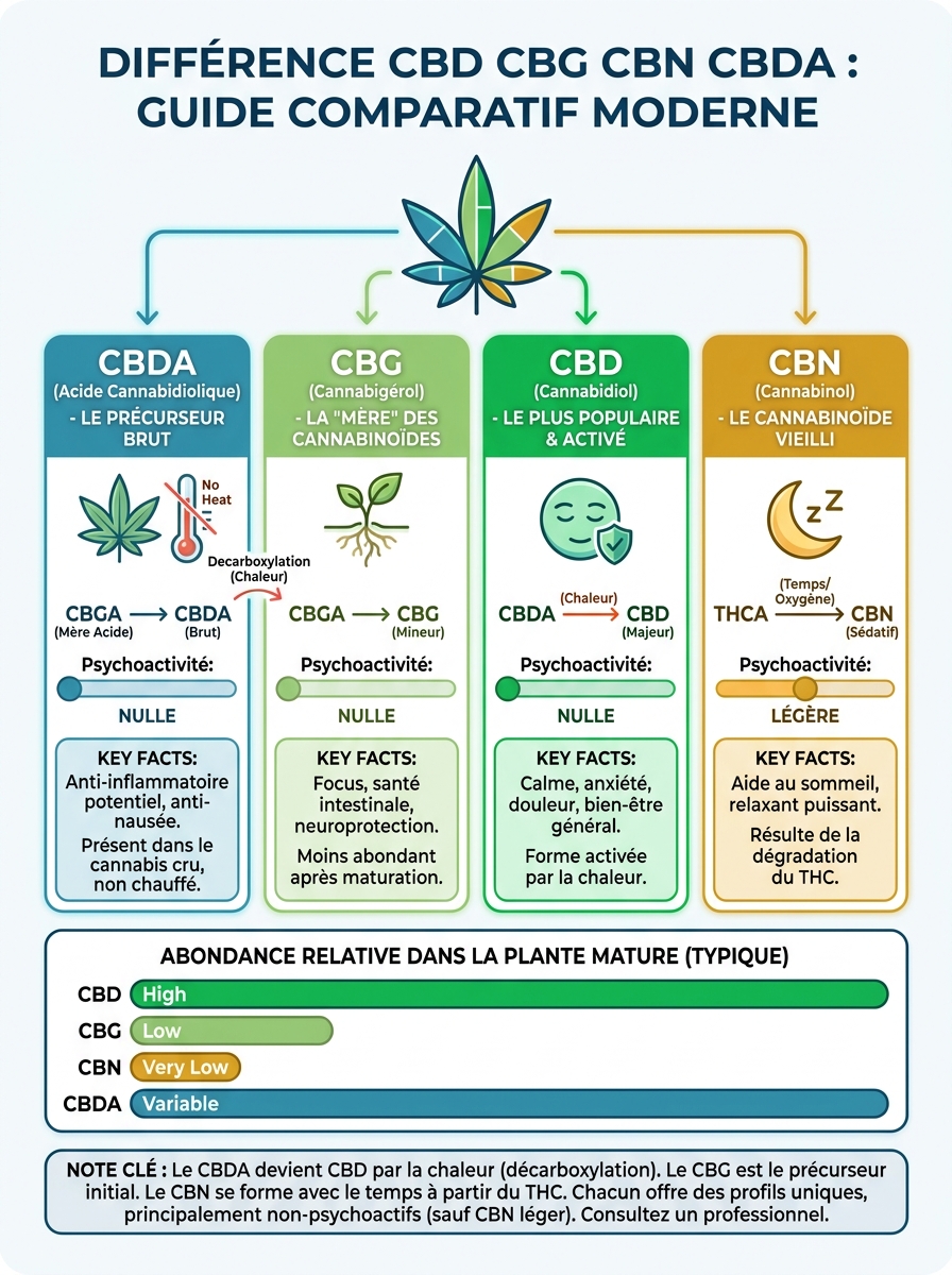 Infographie différence cbd cbg cbn cbda
