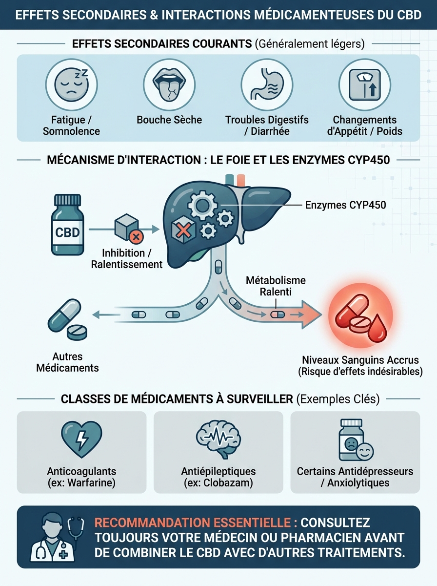 Infographie effets secondaires cbd interactions médicamenteuses